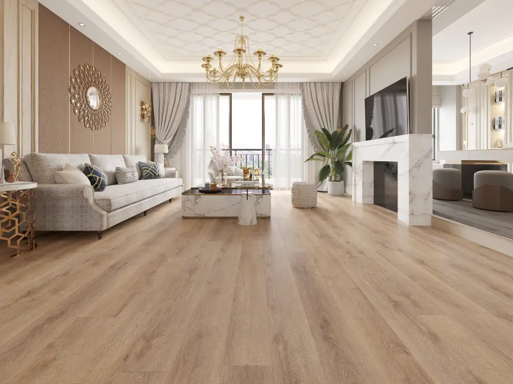 Waterproof SPC flooring with wood-effect finish for high-traffic residential and commercial spaces